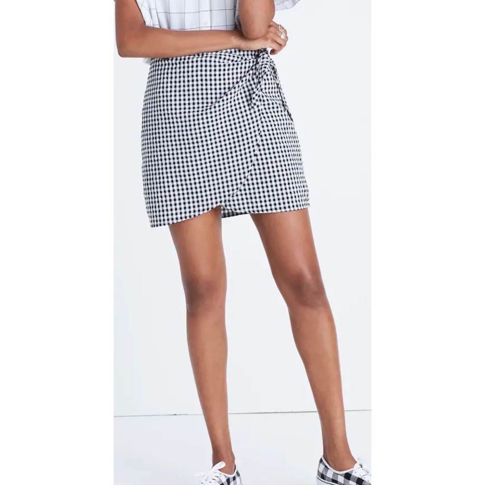 Madewell Gingham Wrap Mini Skirt Womens 8 Black White Cotton Tulip Preppy Summer